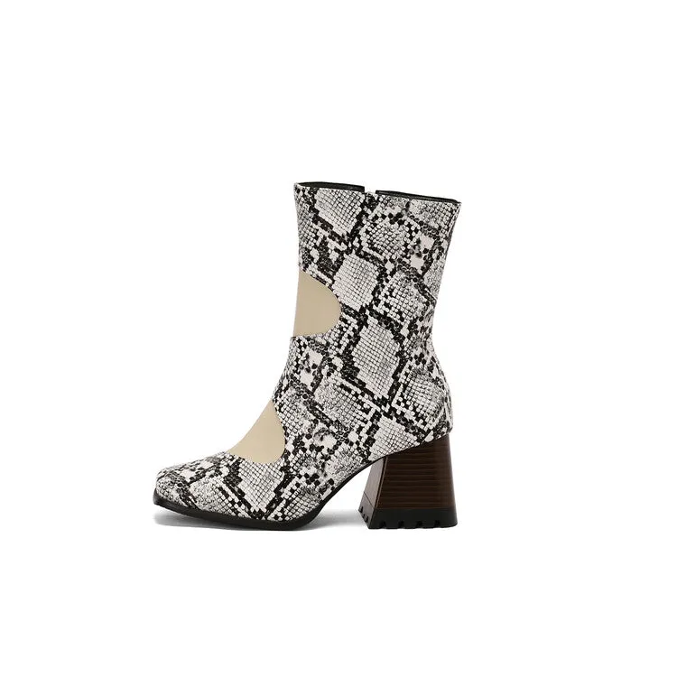 Women's Patchwork Square Toe Block Heel Ankle Boots
