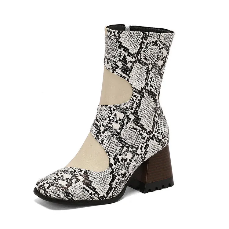 Women's Patchwork Square Toe Block Heel Ankle Boots