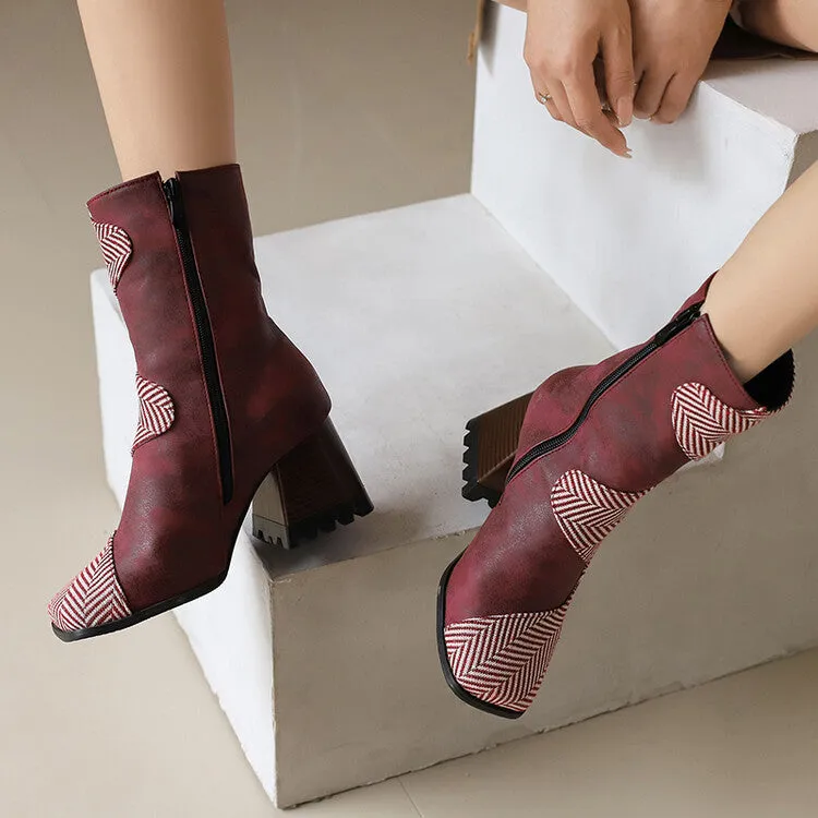 Women's Patchwork Square Toe Block Heel Ankle Boots