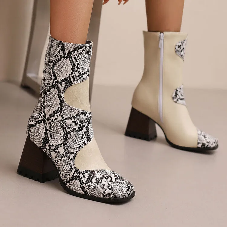 Women's Patchwork Square Toe Block Heel Ankle Boots