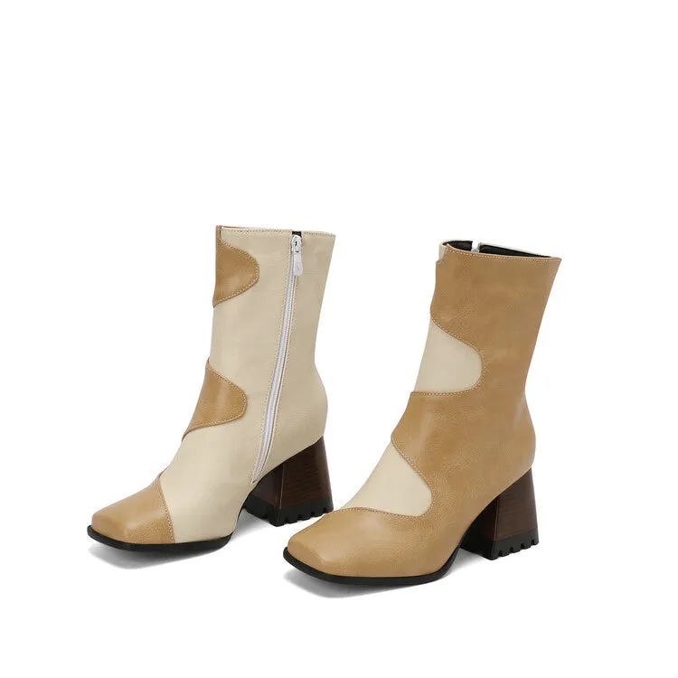 Women's Patchwork Square Toe Block Heel Ankle Boots
