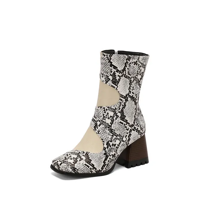 Women's Patchwork Square Toe Block Heel Ankle Boots