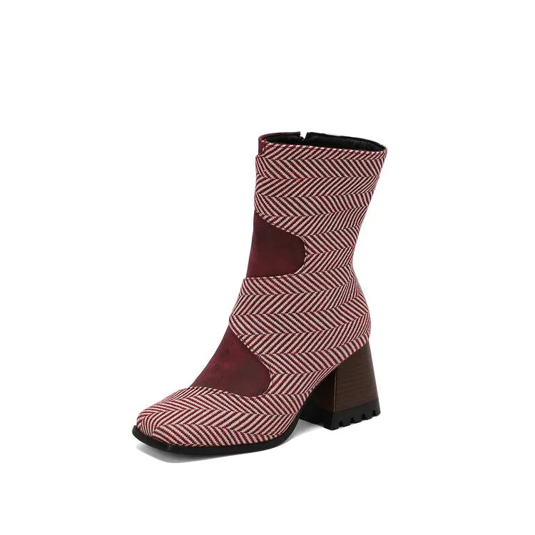 Women's Patchwork Square Toe Block Heel Ankle Boots