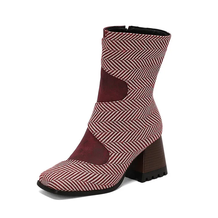 Women's Patchwork Square Toe Block Heel Ankle Boots