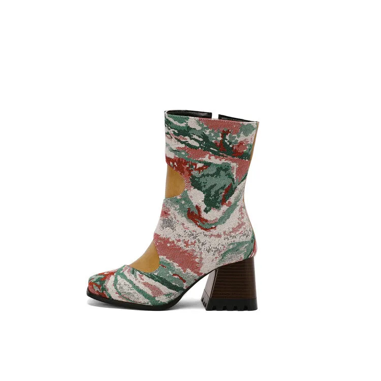 Women's Patchwork Square Toe Block Heel Ankle Boots