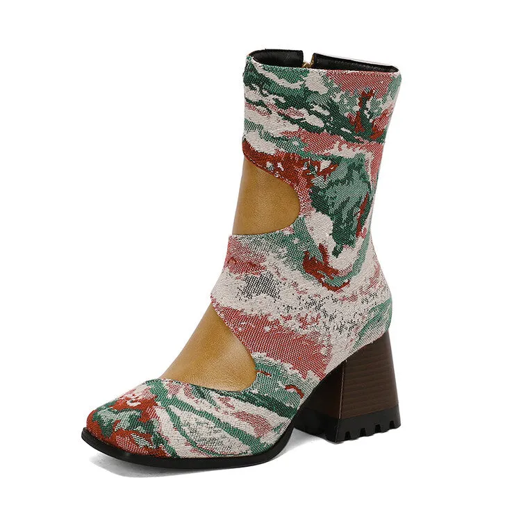Women's Patchwork Square Toe Block Heel Ankle Boots