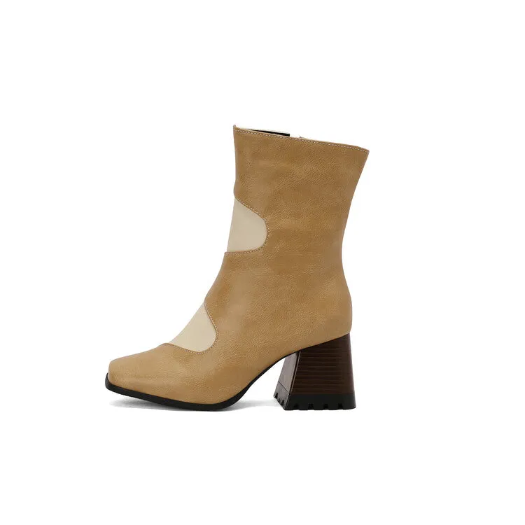 Women's Patchwork Square Toe Block Heel Ankle Boots