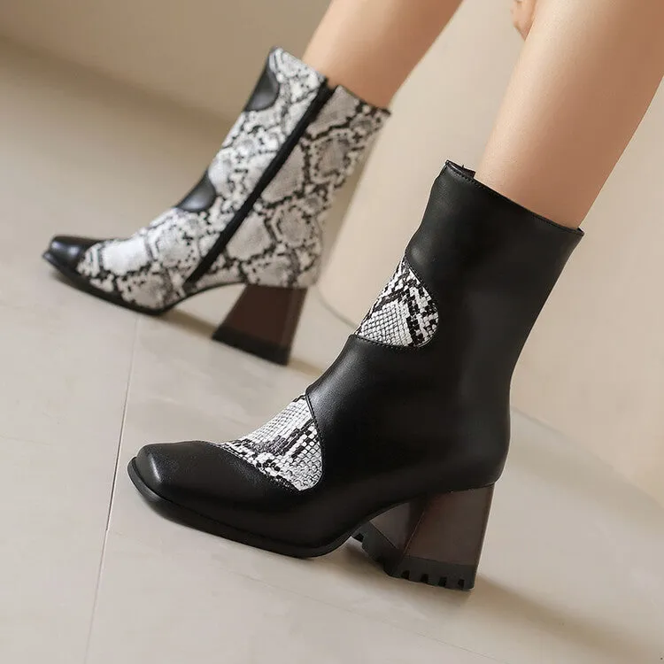 Women's Patchwork Square Toe Block Heel Ankle Boots