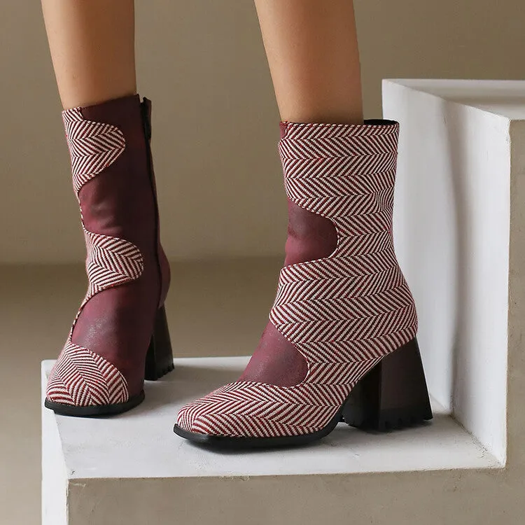 Women's Patchwork Square Toe Block Heel Ankle Boots