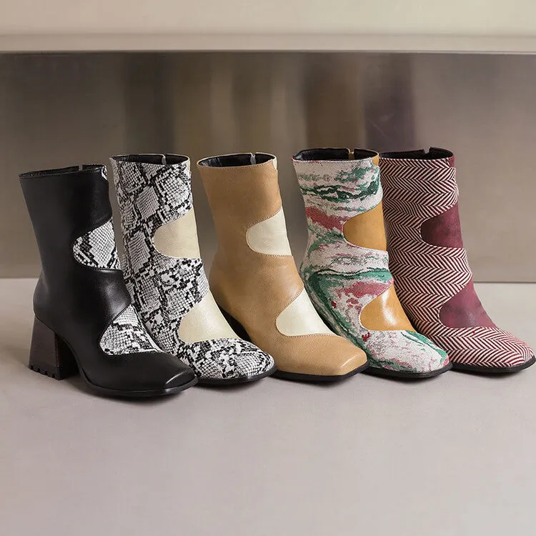 Women's Patchwork Square Toe Block Heel Ankle Boots