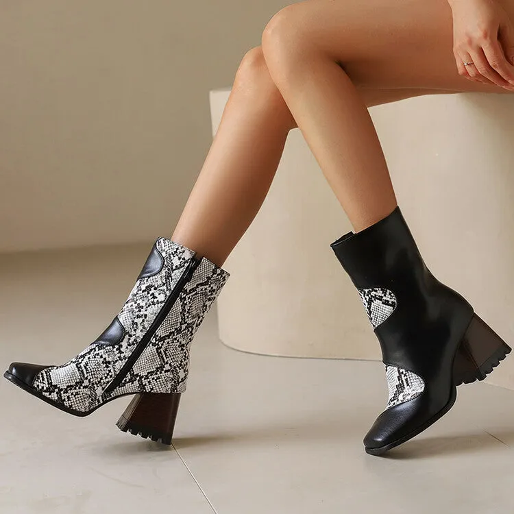 Women's Patchwork Square Toe Block Heel Ankle Boots