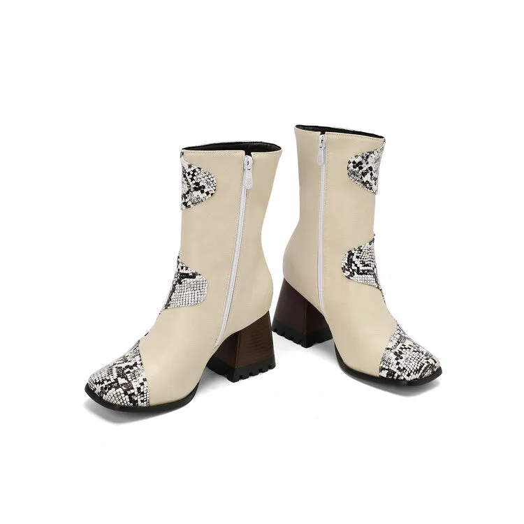 Women's Patchwork Square Toe Block Heel Ankle Boots