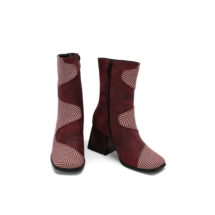 Women's Patchwork Square Toe Block Heel Ankle Boots