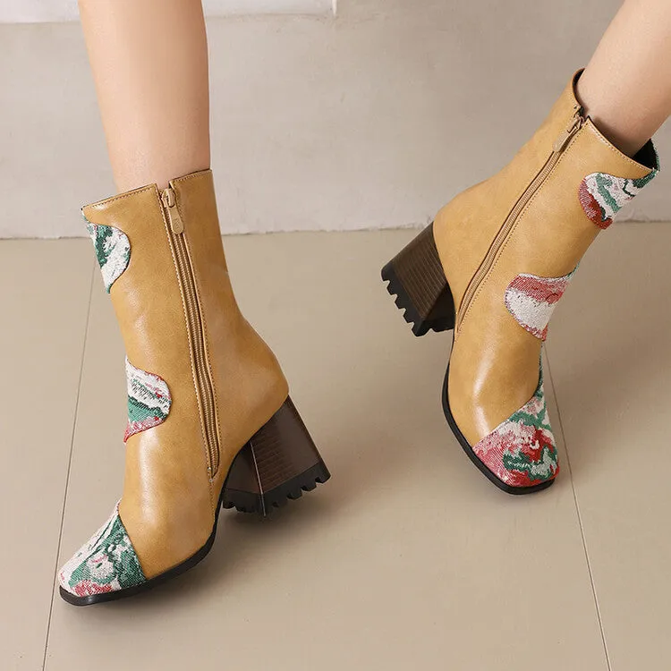 Women's Patchwork Square Toe Block Heel Ankle Boots
