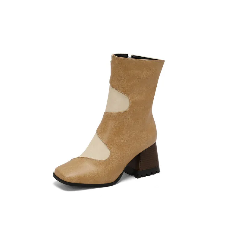 Women's Patchwork Square Toe Block Heel Ankle Boots