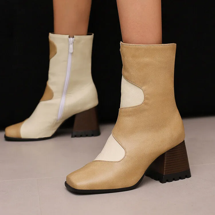 Women's Patchwork Square Toe Block Heel Ankle Boots