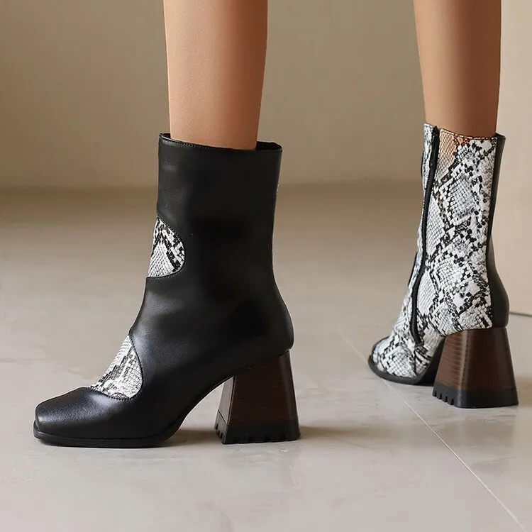Women's Patchwork Square Toe Block Heel Ankle Boots