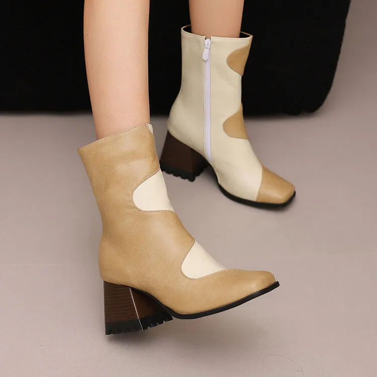 Women's Patchwork Square Toe Block Heel Ankle Boots