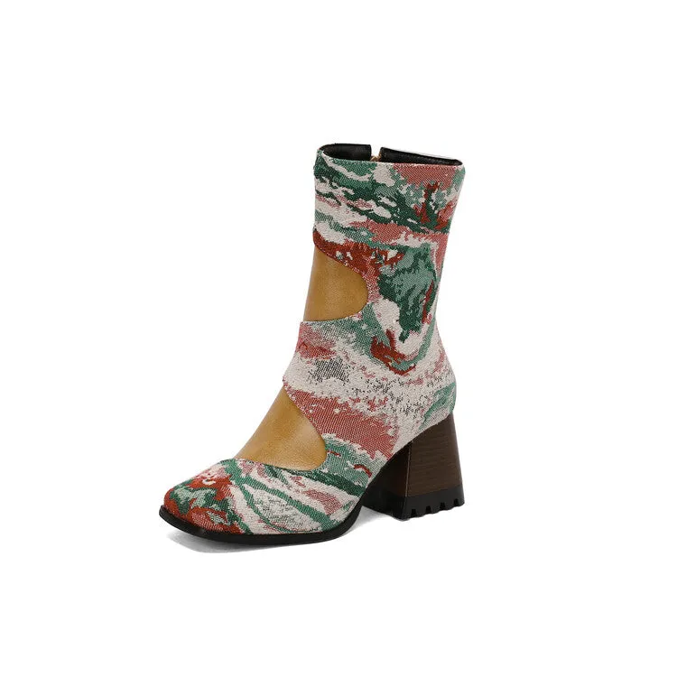 Women's Patchwork Square Toe Block Heel Ankle Boots