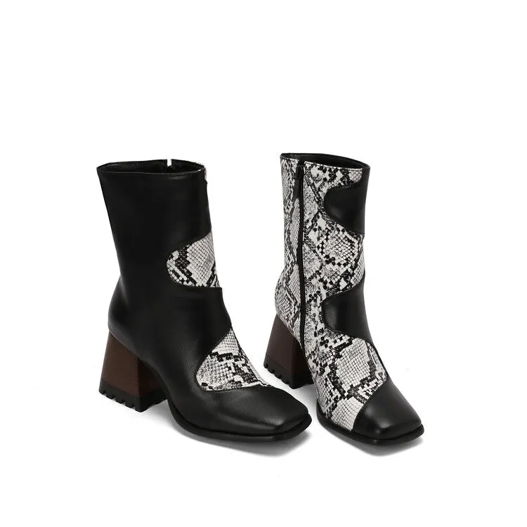 Women's Patchwork Square Toe Block Heel Ankle Boots