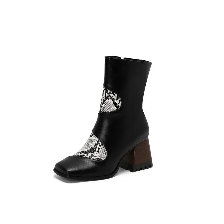 Women's Patchwork Square Toe Block Heel Ankle Boots