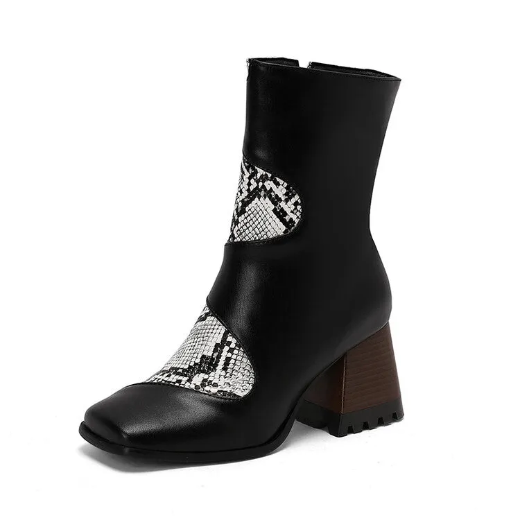 Women's Patchwork Square Toe Block Heel Ankle Boots