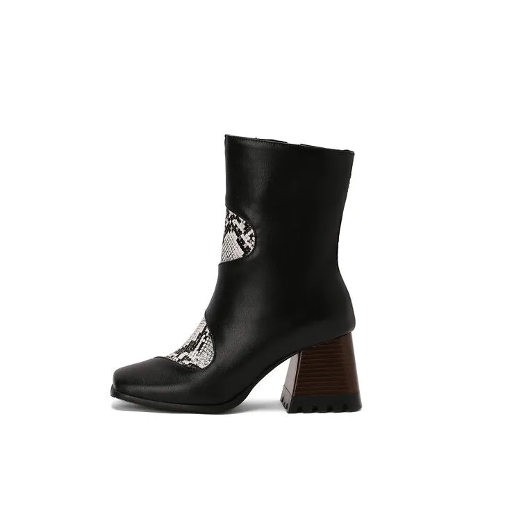 Women's Patchwork Square Toe Block Heel Ankle Boots