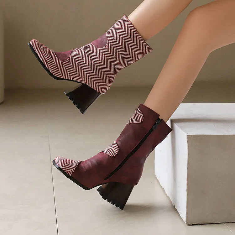 Women's Patchwork Square Toe Block Heel Ankle Boots