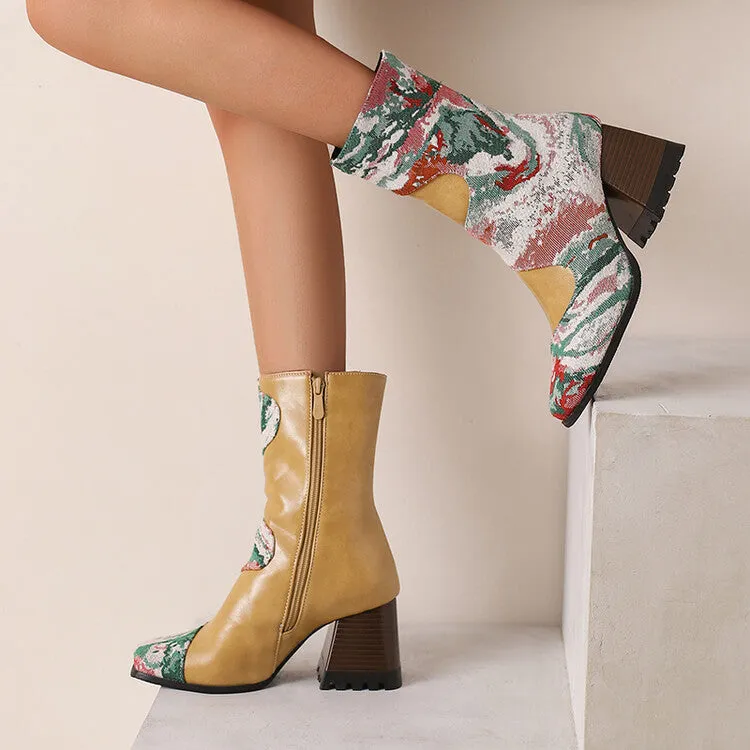 Women's Patchwork Square Toe Block Heel Ankle Boots