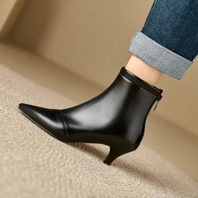 Women's Patent Leather Pointed Toe Kitten Heel Ankle Boots