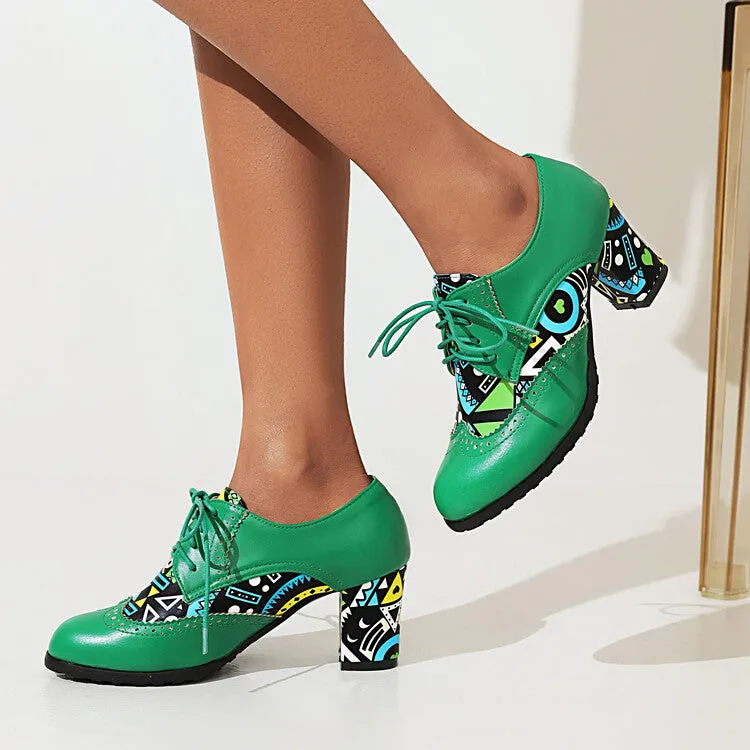 Women's Pu Leather Round Toe Medium Heel Tied Belts Bicolor Block Heel Chunky Heels Shoes