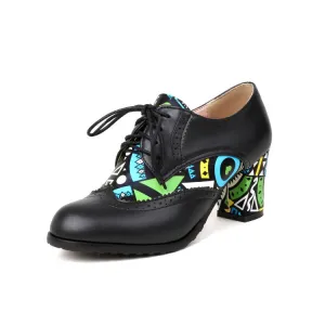 Women's Pu Leather Round Toe Medium Heel Tied Belts Bicolor Block Heel Chunky Heels Shoes