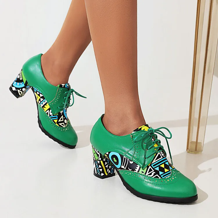 Women's Pu Leather Round Toe Medium Heel Tied Belts Bicolor Block Heel Chunky Heels Shoes