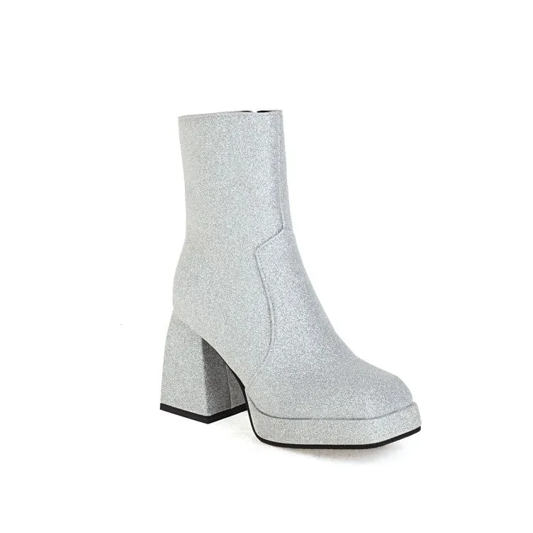 Women's Pu Leather Square Toe Stitching Side Zippers Platform Short Boots