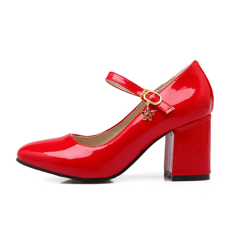 Women's Pumps Glossy Round Toe Mary Janes Block Chunky Heel