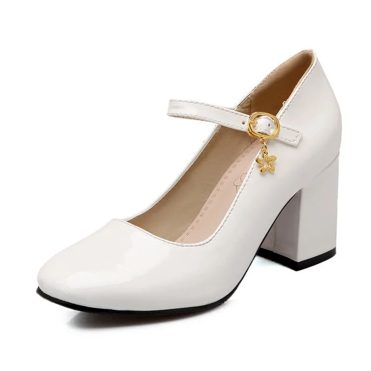 Women's Pumps Glossy Round Toe Mary Janes Block Chunky Heel