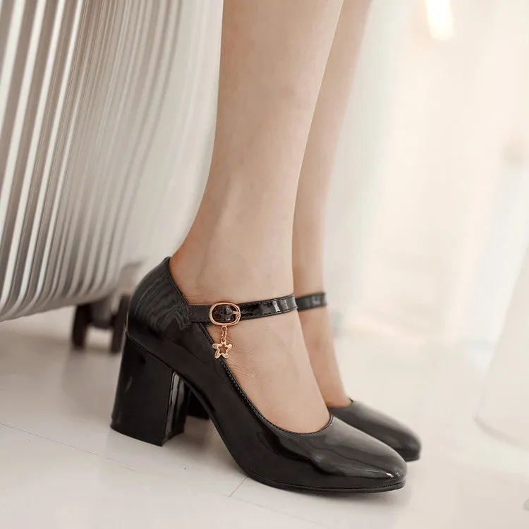 Women's Pumps Glossy Round Toe Mary Janes Block Chunky Heel