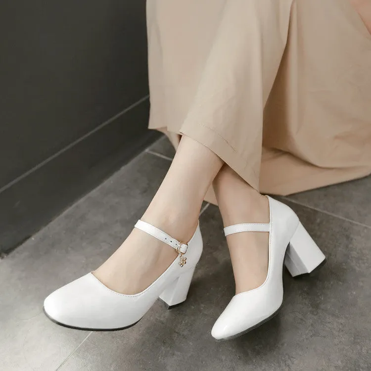 Women's Pumps Glossy Round Toe Mary Janes Block Chunky Heel