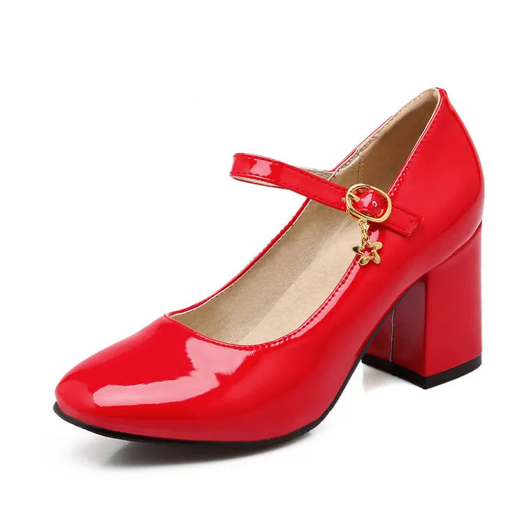 Women's Pumps Glossy Round Toe Mary Janes Block Chunky Heel