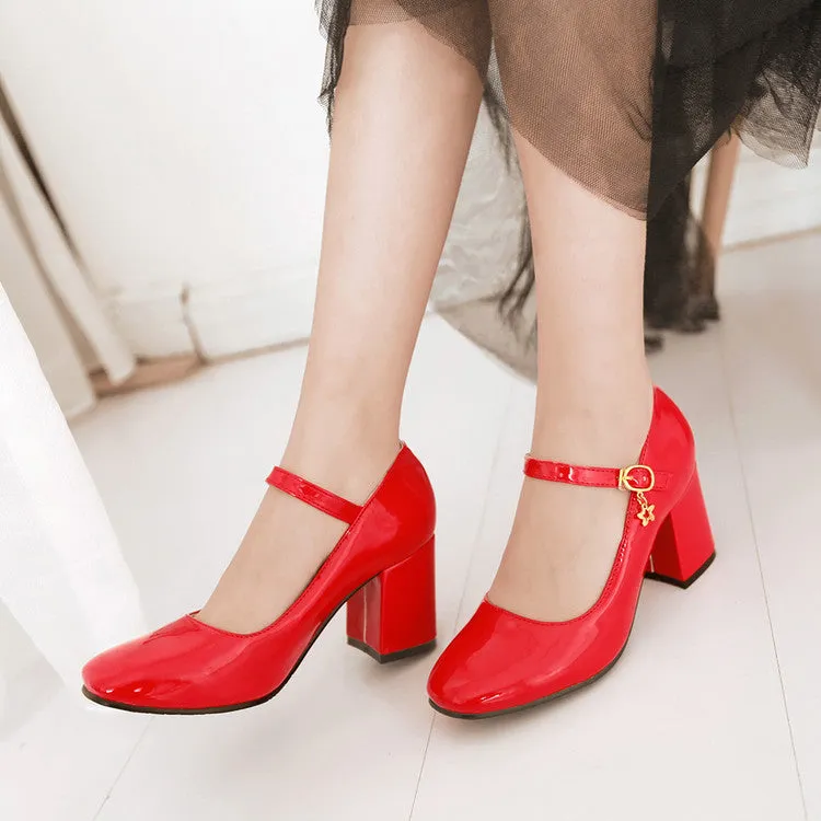 Women's Pumps Glossy Round Toe Mary Janes Block Chunky Heel