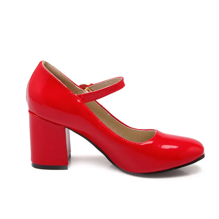 Women's Pumps Glossy Round Toe Mary Janes Block Chunky Heel