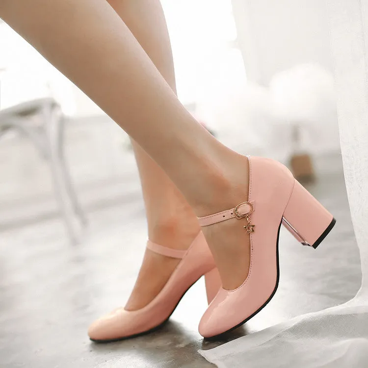 Women's Pumps Glossy Round Toe Mary Janes Block Chunky Heel
