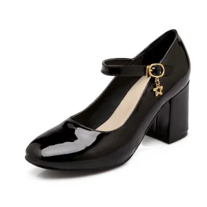 Women's Pumps Glossy Round Toe Mary Janes Block Chunky Heel
