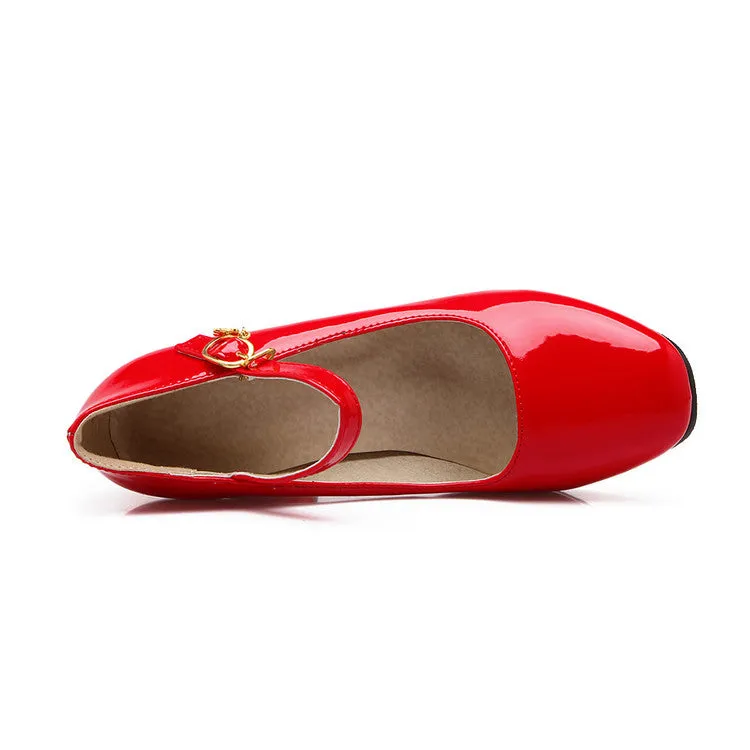 Women's Pumps Glossy Round Toe Mary Janes Block Chunky Heel