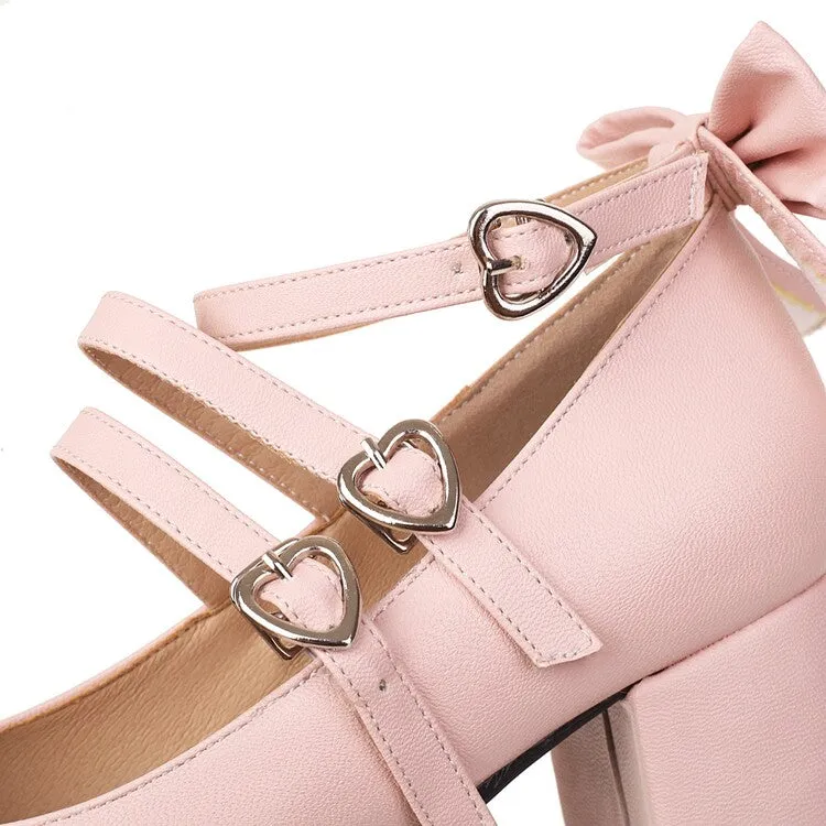 Women's Pumps Lolita Solid Color Round Toe Butterfly Knot Block Heel Shoes
