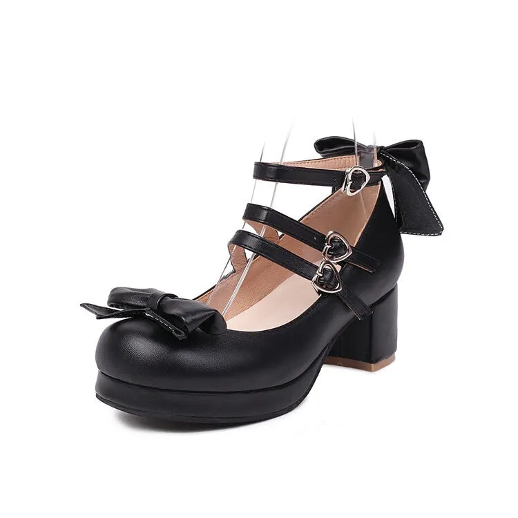 Women's Pumps Lolita Solid Color Round Toe Butterfly Knot Block Heel Shoes