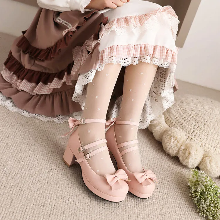 Women's Pumps Lolita Solid Color Round Toe Butterfly Knot Block Heel Shoes