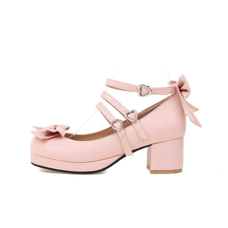 Women's Pumps Lolita Solid Color Round Toe Butterfly Knot Block Heel Shoes