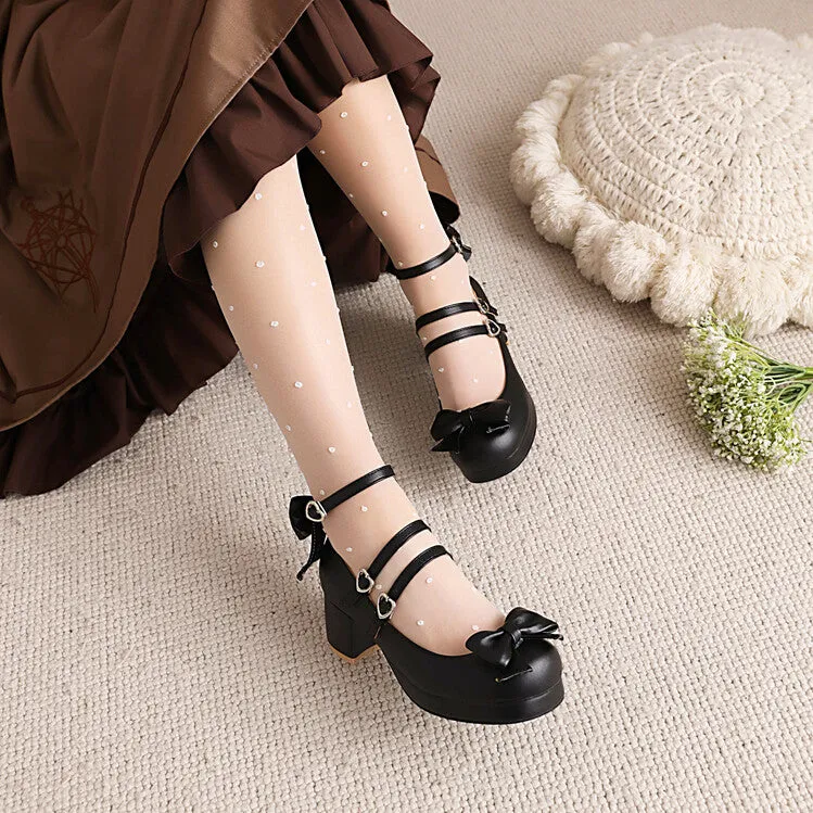 Women's Pumps Lolita Solid Color Round Toe Butterfly Knot Block Heel Shoes