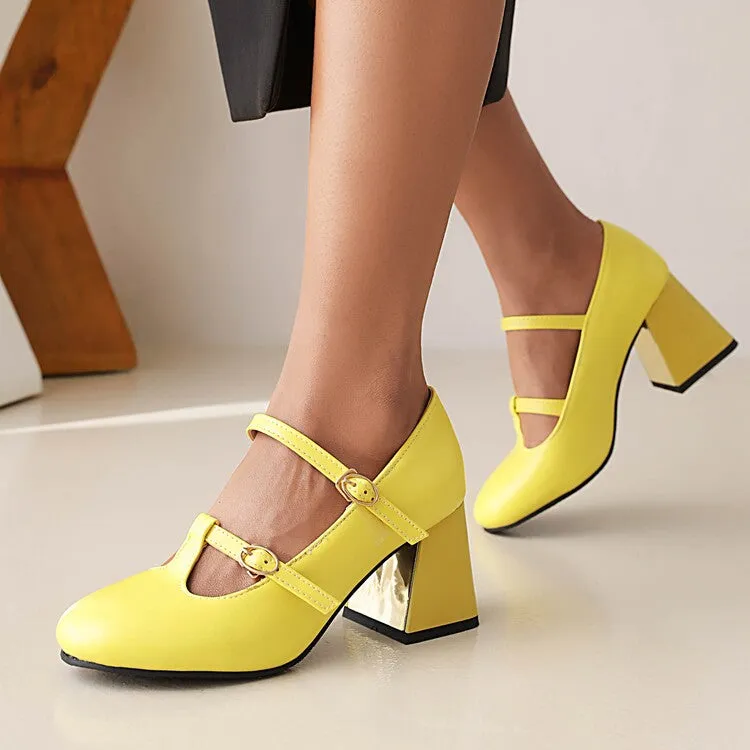 Women's Pumps Retro Mary Janes T Strap Buckles Glossy Antiskid Block Heel Chunky Heels Shoes